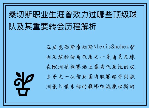 桑切斯职业生涯曾效力过哪些顶级球队及其重要转会历程解析